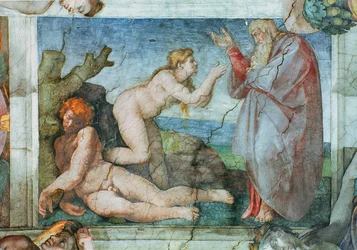 Sistine Chapel ceiling: Creation of Eve, with four Ignudi (pre restoration)